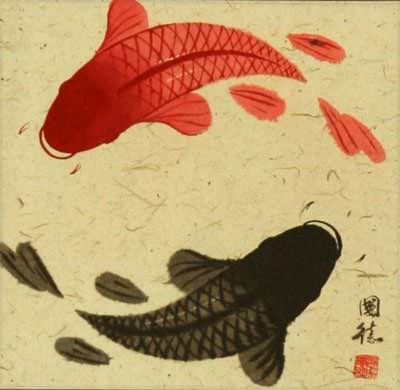 Classic Yin Yang Fish Silk Wall Scroll close up view