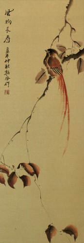 Longevity - Bird and Flower Wall Scroll close up view