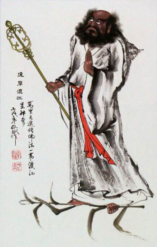 Damo Buddha Stares at the Wall - Wall Scroll close up view