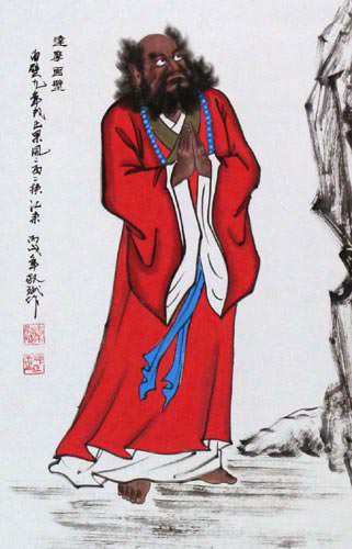 Damo Buddha Stares at the Wall - Wall Scroll close up view