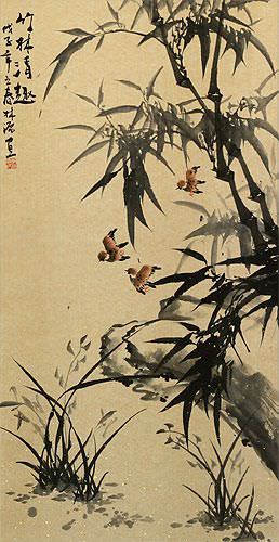 Chinese Black Ink Bamboo Wall Scroll close up view