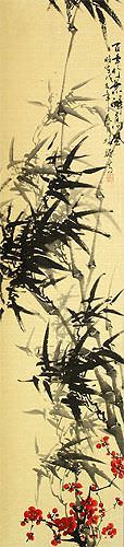 Black Ink Bamboo and Plum Blossom Wall Scroll close up view