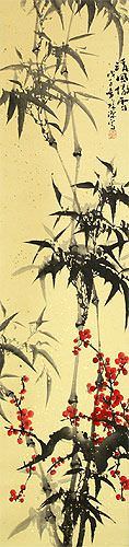 Chinese Bamboo and Plum Blossom Wall Scroll close up view