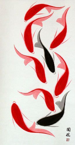 Large Nine Abstract Koi Fish Wall Scroll close up view
