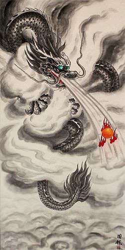 Flying Chinese Dragon - Asian Wall Scroll close up view