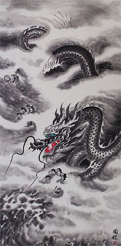 Flying Chinese Dragon - Asian Wall Scroll close up view