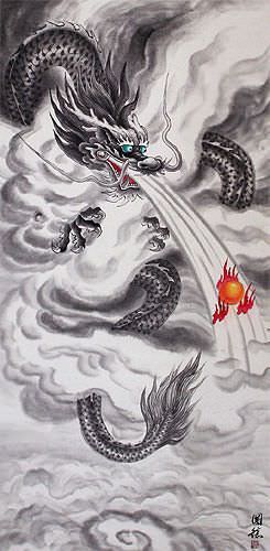 Flying Chinese Dragon - Asian Wall Scroll close up view