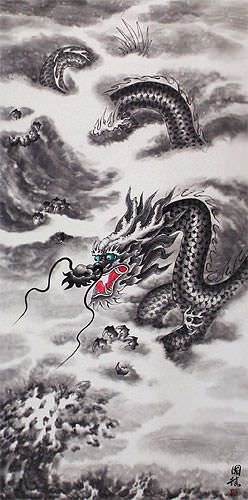 Flying Chinese Dragon - Asian Wall Scroll close up view