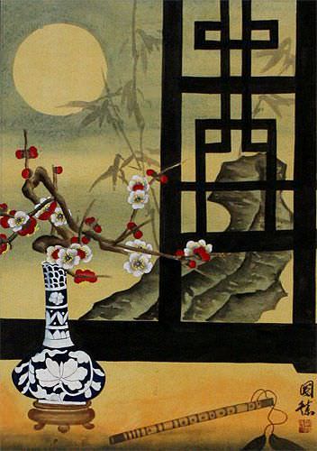 Asian Still Life Scene Wall Scroll close up view