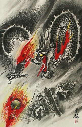 Flying Chinese Dragon Pearl of Lightning - Asian Wall Scroll close up view
