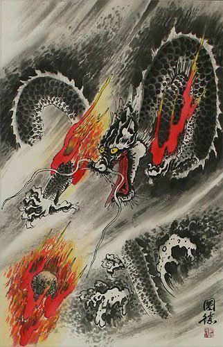 Flying Chinese Dragon - Asian Wall Scroll close up view
