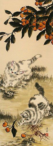 Chinese Kittens Wall Scroll close up view