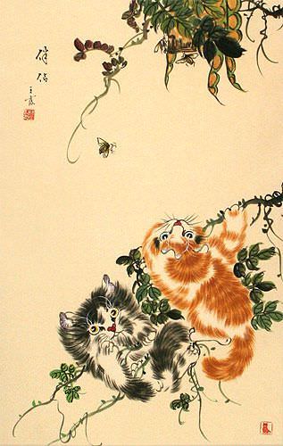 Chinese Kittens Wall Scroll close up view