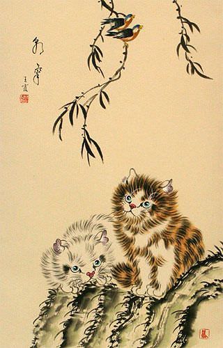 Chinese Kittens Wall Scroll close up view