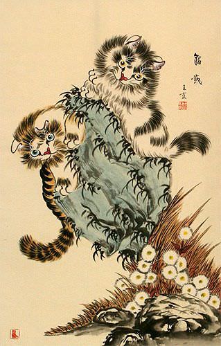 Playful Cats Wall Scroll close up view