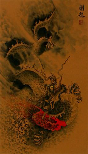 Flying Chinese Dragon - Asian Wall Scroll close up view