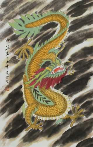 Golden Chinese Dragon - Silk Wall Scroll close up view