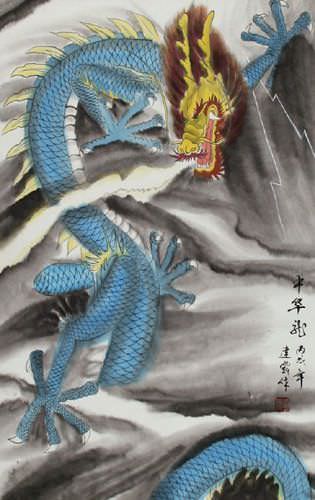 Blue Chinese Dragon - Silk Wall Scroll close up view