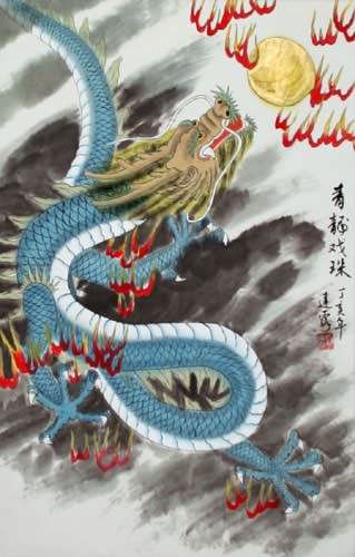Blue Chinese Dragon - Silk Wall Scroll close up view