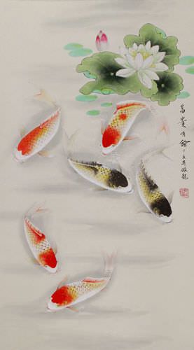 Chinese Koi Fish and Lotus Pond Wall Scroll close up view