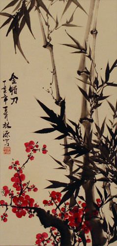 Black Ink Bamboo and Plum Blossom Wall Scroll close up view