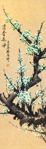 Colorful Green Plum Blossom Wall Scroll close up view