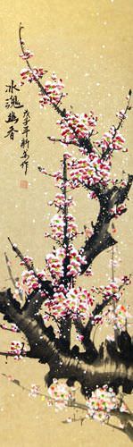 Colorful Pink Plum Blossom Wall Scroll close up view