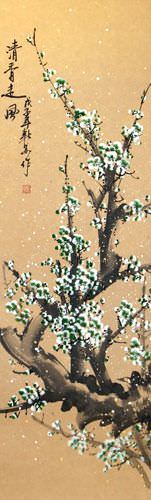 Colorful Green Plum Blossom Wall Scroll close up view