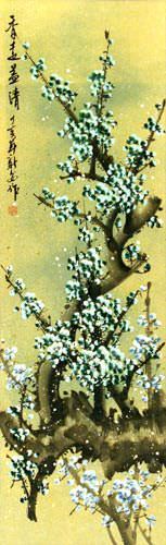 Colorful Blue Plum Blossom Wall Scroll close up view