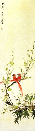 Double Longevity - Bird and Flower Wall Scroll close up view