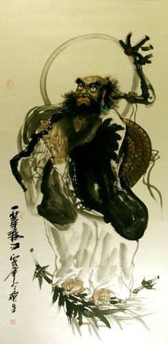 Da Mo / Bodhidharma / Buddha Crosses the River - Wall Scroll close up view