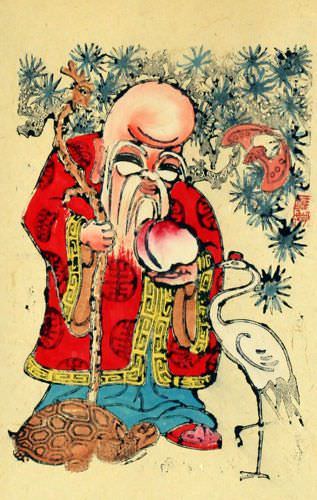 Longevity Saint - Woodblock Print Wall Scroll close up view