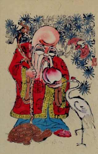 God of Longevity - Woodblock Print Wall Scroll close up view