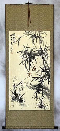Chinese Black Ink Bamboo and Birds Wall Scroll