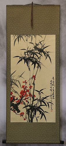 Black Ink Bamboo and Plum Blossom Wall Scroll
