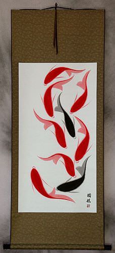 Large Nine Abstract Koi Fish Wall Scroll