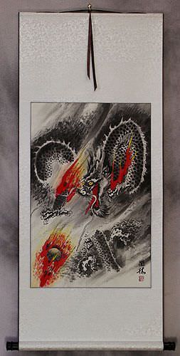 Flying Chinese Dragon Pearl of Lightning - Asian Wall Scroll