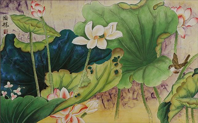 Little Bird in the Lotus Beautiful Chinese Watercolor Painting