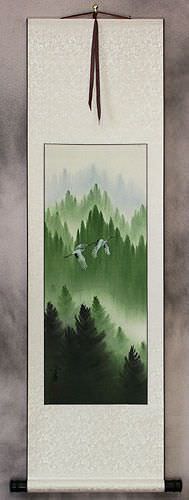 Companions Asian Cranes Landscape - Small Wall Scroll