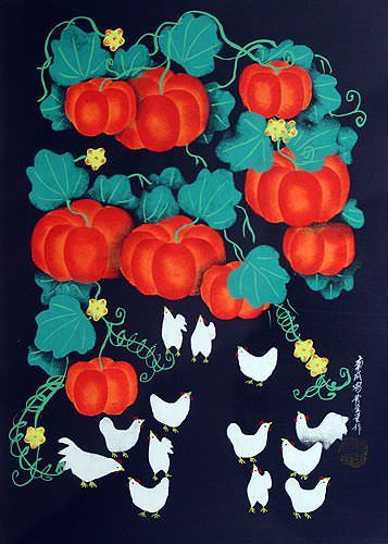 Chickens and Pumpkins Folk Art Painting