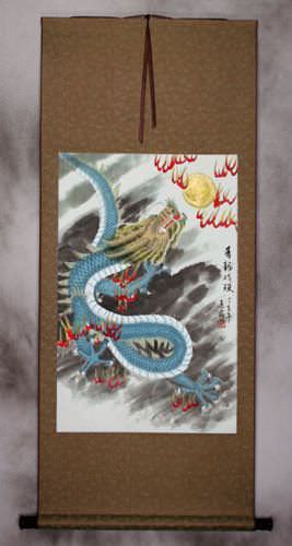 Blue Chinese Dragon - Silk Wall Scroll