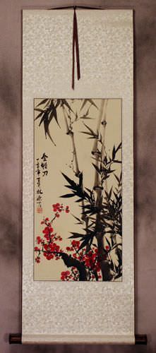 Black Ink Bamboo and Plum Blossom Wall Scroll